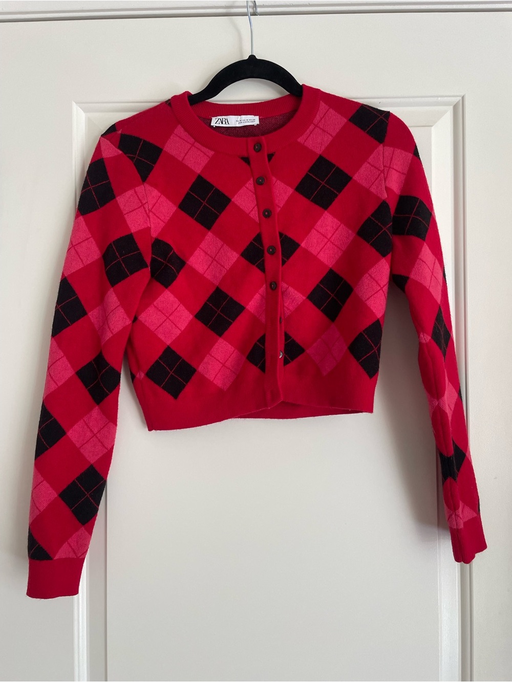 ZARA Women's Red Argyle Crop‎ Sweater